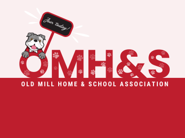  red and light pink background, OMS bulldog, red text with pawprints